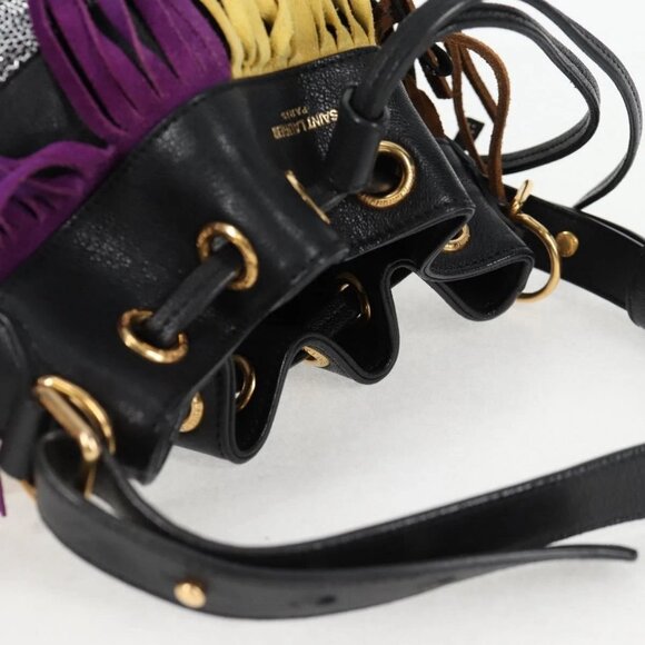 SAINT LAURENT Fringe Shoulder Bag Leather Black Gold Auth 121510M - Picture 8 of 16